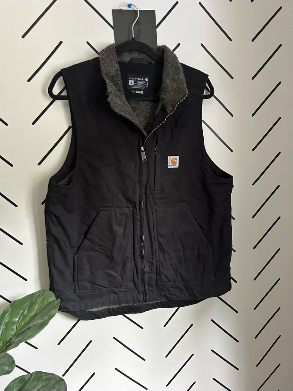Carhartt Men's Loose Fit Washed Duck Sherpa-Lined Mock-Neck Vest black